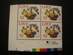 Scott 2815, 52c Love Birds, PB4 #1111 1 LL, MNH Beauty