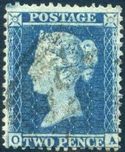 F2 SG23 1855 2d Blue Plate 4 (OA) SC Wmk Perf 14 c£250.00