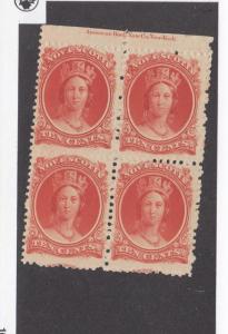 NOVA SCOTIA # 12 MNH PART INSCRIPTION BLOCK OF 4 10cts VERMILLION CAT VALUE $160