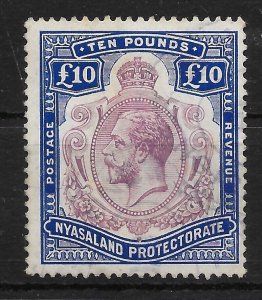 NYASALAND SG99e 1919 £10 PURPLE & ROYAL BLUE FISCALLY USED