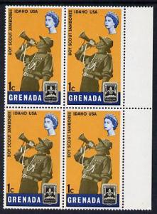 Grenada 1968 Scout Bugler 1c block of 4, one stamp with v...