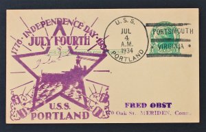 US #UX27 Naval Card USS Portland July 4, 1934 Independence Day Richeli Cachet