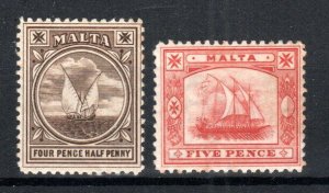 Malta 1899-1901 4 1/2d Gozo Fishing Boat and 5d Galley  SG 32-33 MH