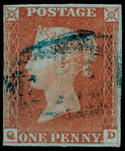 SG9, 1d pale red-brown, good USED. Cat £250. BLUE POSTMARK. QD