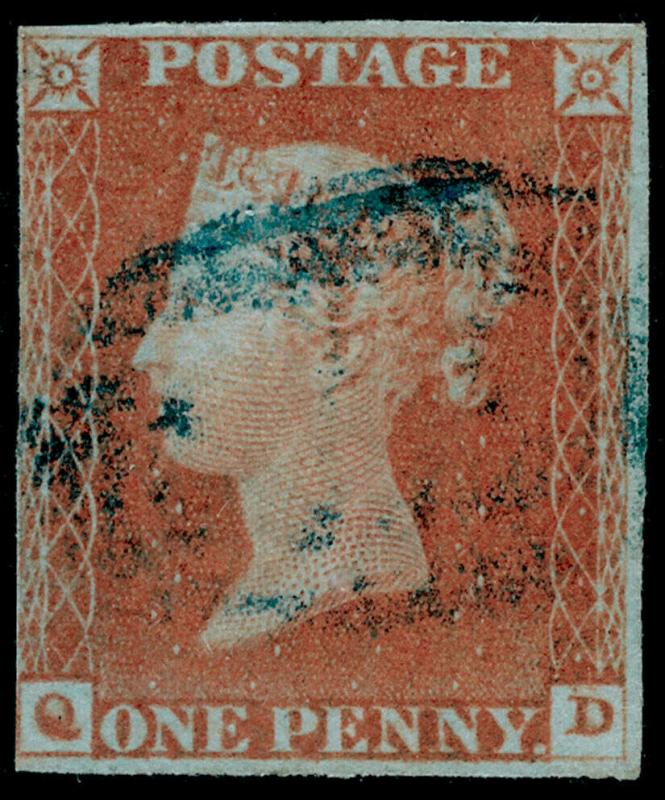 SG9, 1d pale red-brown, good USED. Cat £250. BLUE POSTMARK. QD