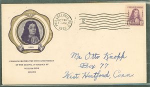 US 724 (1932) 3c William Penn commemorative (single) on an addressed First Day cover with a Rice cachet