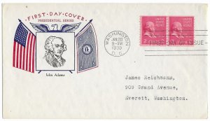 1939 Prexie Coil FDC, #841, 2c John Adams, Fidelity P-5, pair