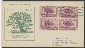 US 772 (1935) 3c Connecticut Tercentenary-charter oak (block of four) on an addressed (typed) First Day cover with a Dodd cachet