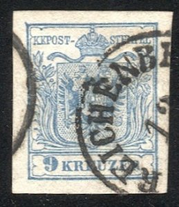 AUSTRIA 1850 9kr Sc 5e MP, Type III Reichenberg postmark/cancel