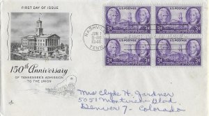 1946 FDC, #941, 3c Tennessee Statehood, Art Craft, block of 4