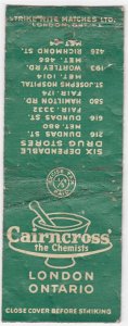 Canada Revenue 1/5¢ Excise Tax Matchbook CAIRNCROSS THE CHEMISTS London, Ont.