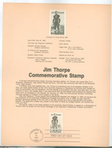 US SP647/2089 1984 JIm Thorpe athlete (American Sports series) on official USPS souvemir page FDC, #2089 with first day cancels