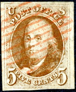 #1 – 1847 5c Benjamin Franklin. Used Light red grid cancel.  4 Margins. VF+