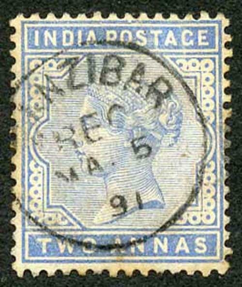 Zanzibar SGZ85 1882-90 India 2a Blue 5 May 91 with CDS (type Z6) Used