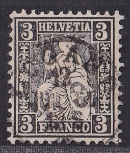 Switzerland  #42  used  1862 - 1864  Helvetia   3c  black . no certificate