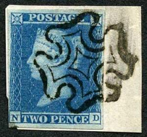 1841 2d Blue (ND) Fine 4 Margin with a Maltese Cross on Piece Cat 275 pounds