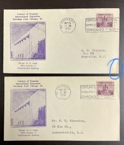 729 Two A. C. Roessler Cachets 1933 Century of Progress  FDC  P-59a