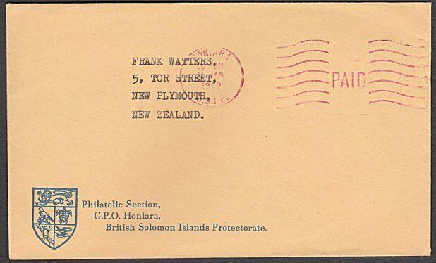 SOLOMON IS 1966 cover to NZ Honiara PAID machine cancel in red.............54362