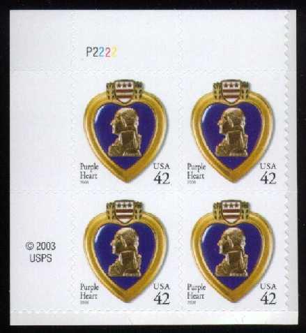 US #4264 Purple Heart Plate # Block of 4; MNH (3.40)