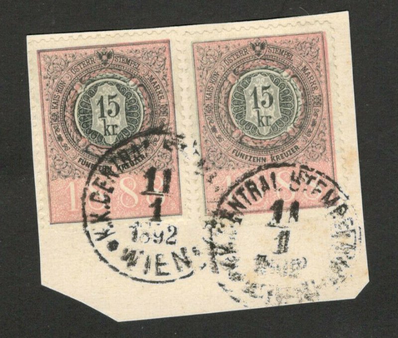 AUSTRIA  - USED FRAGMENT WITH TWO REVENUE FUSCAL STAMPS, 15 KRONE -1888. 