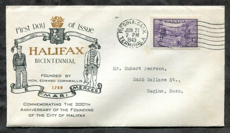 h197 - Canada FDC Cover 1949 Halifax Bicentennial