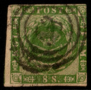 ✔️ DENMARK 1858 - COAT OF ARMS - WAVY LINES - IMPERF  SC. 8 USED $82.50