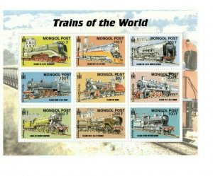 Mongolia 2000 - Trains Of The World - Railroad - Sheet Of 9 Stamps - MNH