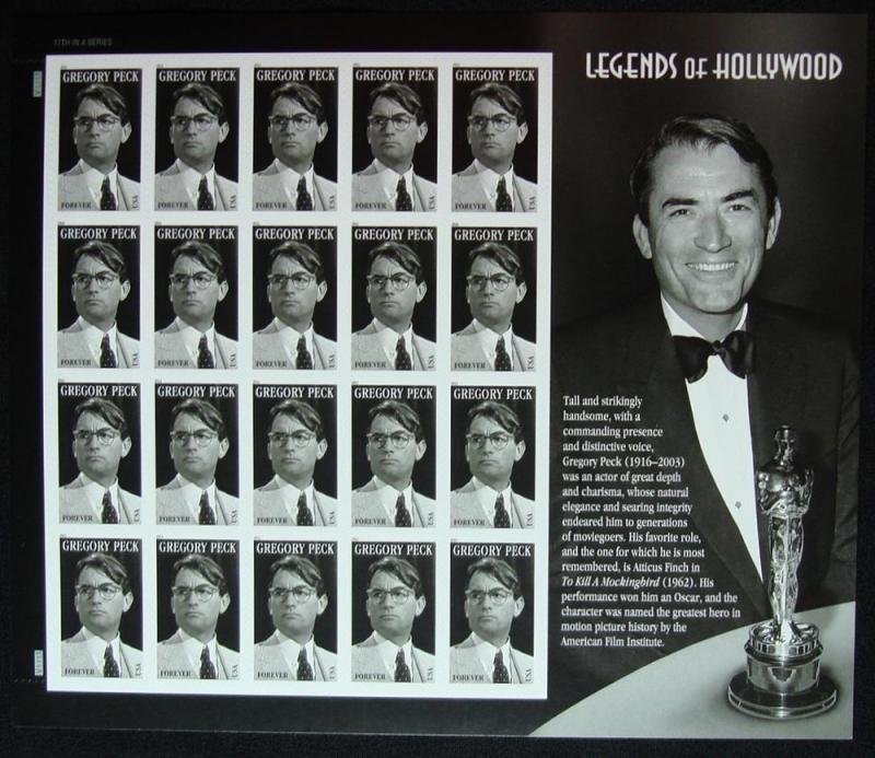 US #4526 MNH Pane of 20, Gregory Peck, SCV $20.00