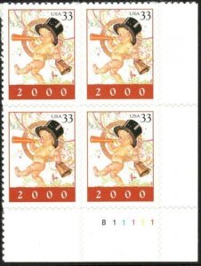 1999 -Year 2000 Plate Block of 4 33c Postage Stamps, Sc# 3369, MNH, OG