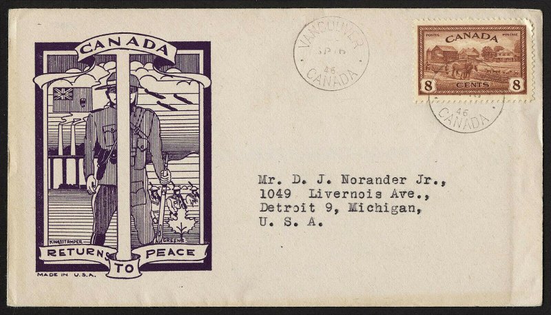 wc075 Canada 1946 Returns to peace 8-cent FDC first day cover cacheted