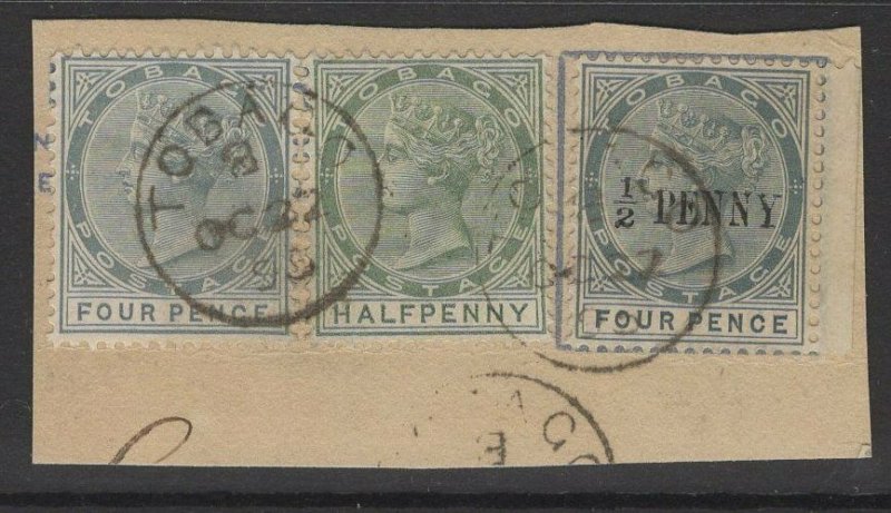 TOBAGO SG30 1892 ½d on 4d GREY USED ON PIECE WITH SG20+22