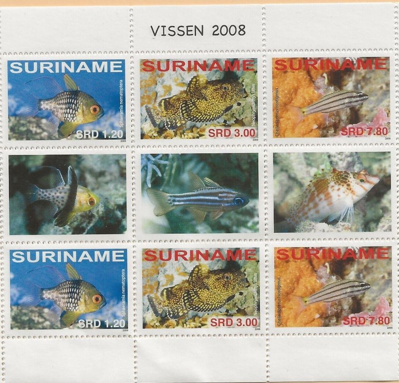 SURINAM/SURINAME Sc 1367 NH 2 strips W/TABS of 2008 - SEA LIFE. Sc$17.50