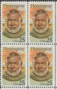 1989 Ernest Hemingway Block of 4 25c Postage Stamps, Sc# 2418, MNH, OG