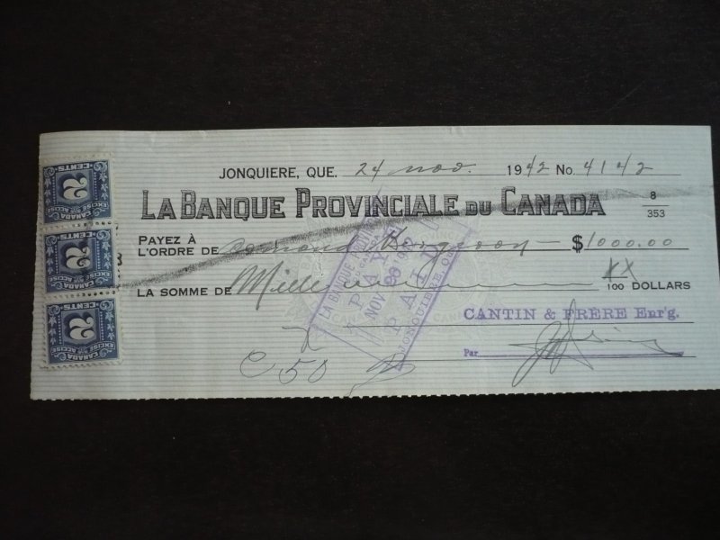 Canada - Revenue - Three Leaf Excise Tax Stamp - 2 cent x 3 on cheque.