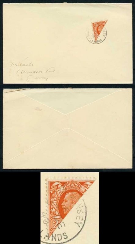 SG GW5 Guernsey KGV 2d Orange (Photogravure) Bi-sect on Cover (31/12/40)