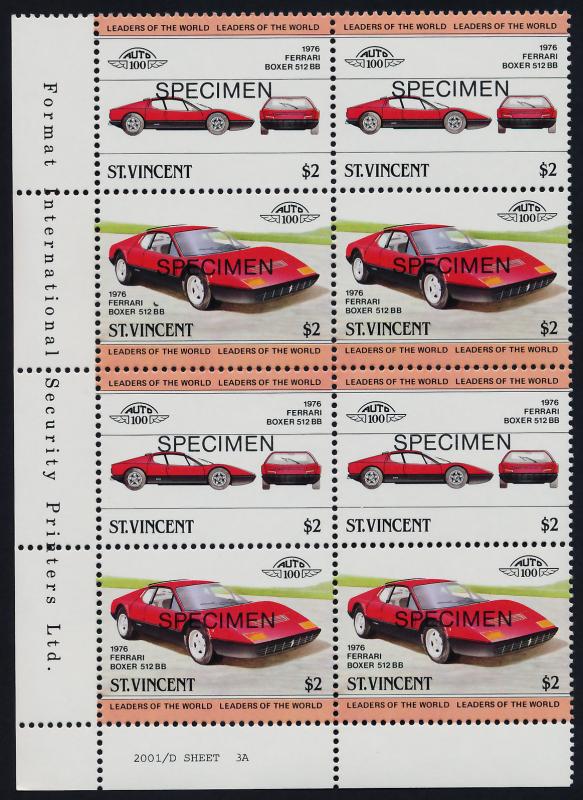 St Vincent 691 BL Imprint Block of 8 Specimen o/p MNH Car, Ferrari Boxer