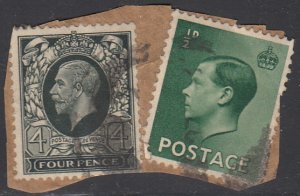 Great Britain 1930 used Sc #230 1/2p Edward VIII, #216 4p George V on piece