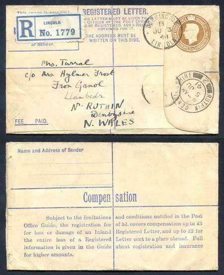 RP52 KGVI 5 1/2d Brown Registered Envelope Size F Used