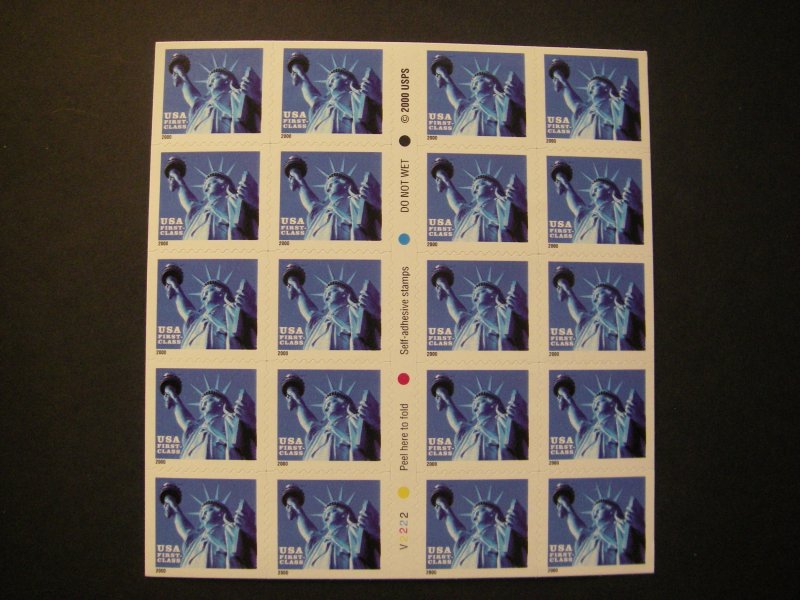 Scott 3451a, 34c nondenominated Liberty, Pane of 20, #V2222, MNH Beauty