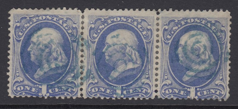 US, Sc 156, used strip of three, blue cancels (CV $17.25)