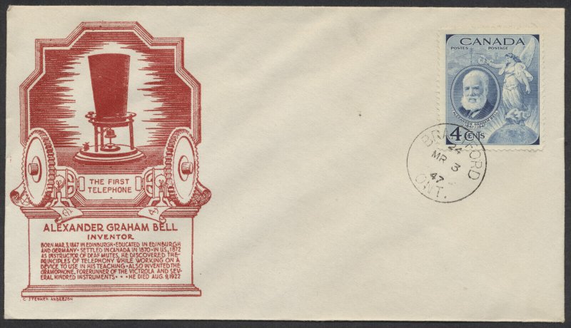 1947 #274 Alexander Graham Bell FDC Red Anderson Cachet Unaddressed