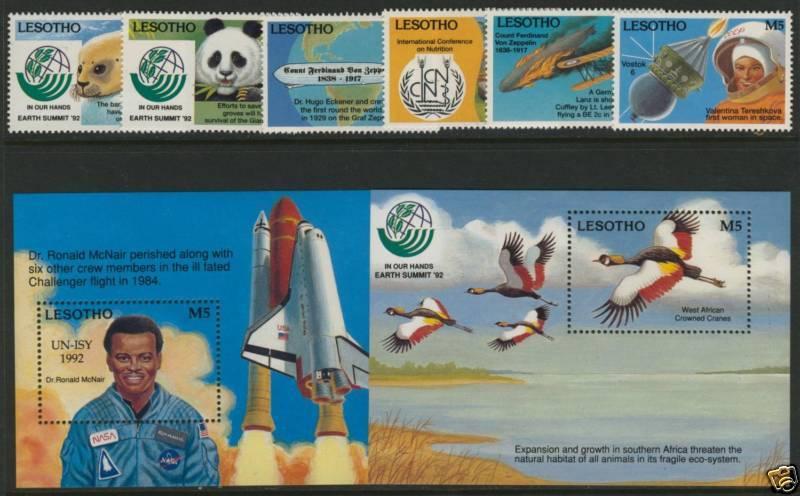 Lesotho 938-45 MNH Space Shuttle, Zeppelin, Birds, Seal, Panda, Aircraft, Globe