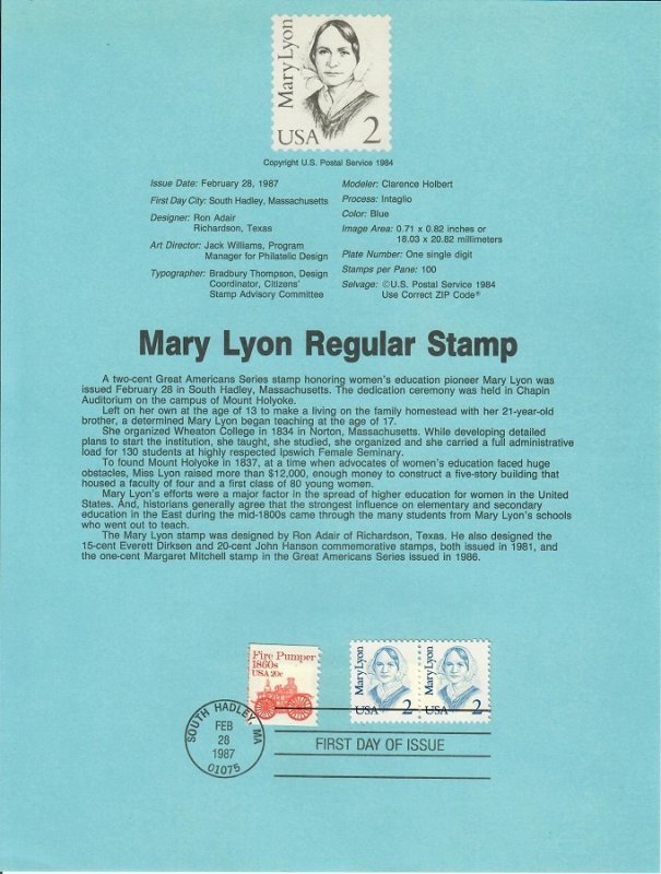 US SP712 Mary Lyon Souvenir Page #2169