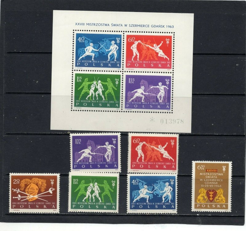 POLAND 1963 SPORTS FENCING SET OF 6 STAMPS & S/S MNH