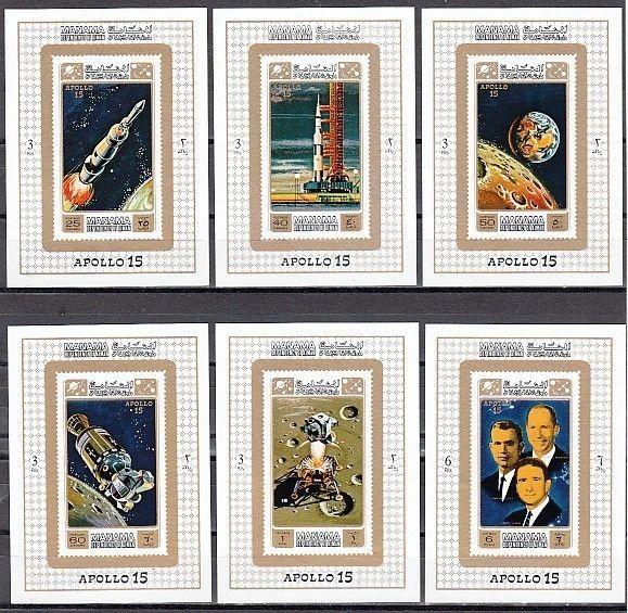 Manama, Mi cat. 578-583 C. Apollo 15, Space issue as Deluxe s/sheets.