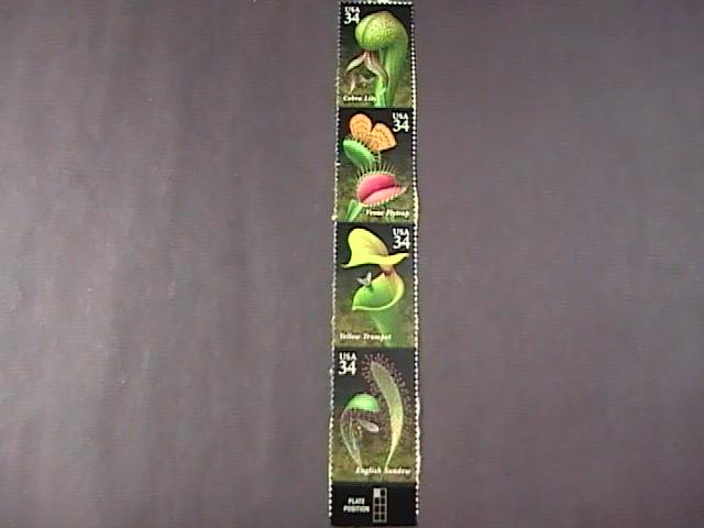 U.S.# 3528-3531(3531a)-MINT/NH--VERTICAL STRIP OF 4---CARNIVOROUS PLANTS--2001