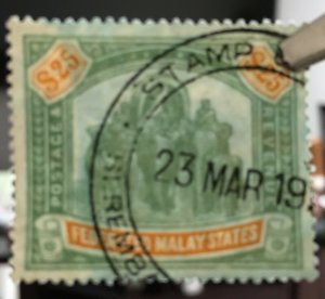 Malaya Federated Malay States FMS 1909 $25 Used wmk MCCA SG#51 M2904