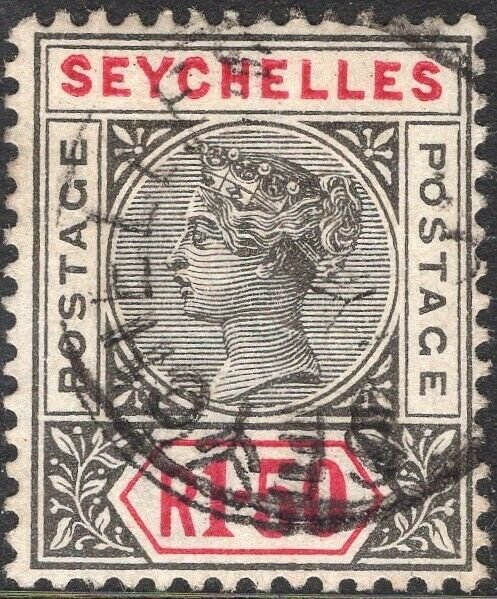 SEYCHELLES-1900 1r50 Grey & Carmine Sg 35 GOOD USED V50067