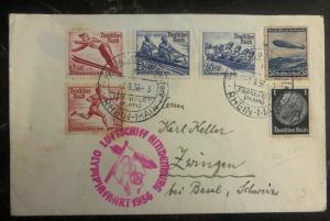 1936 Frankfurt Germany LZ 129 Hindenburg Zeppelin Olympic Cover To Switzerland