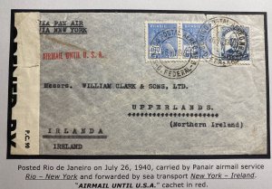 1940 Brazil Wartime Airmail Censored Cover To Upperlands Ireland Via USA